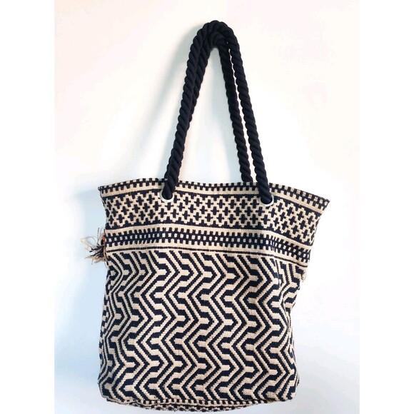 C&C California Woven Jute Tote Shoulder Bag Boho Fringe Navy Cream Coins Hippie - Picture 7 of 11